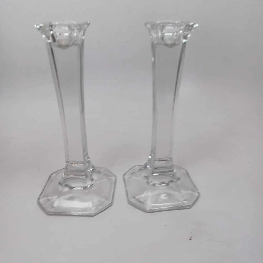 Vintage Clear Crystal Glass Hexagonal Base Taper Candlestick Holders Pair 7.75in